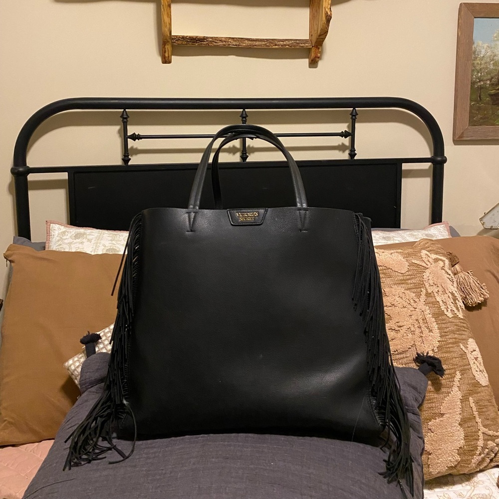 Victoria’s Secret Large Black Leather Suede Fringe Tote Bag Purse — OS